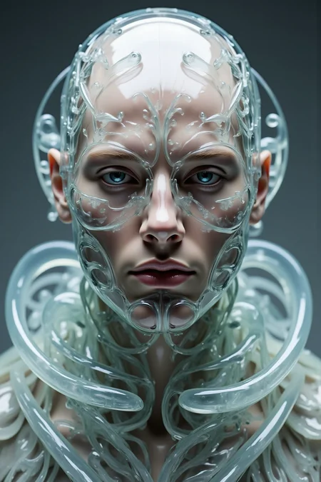 Acrylic, Translucent style, High detailed skin, seductive, detailed eyes, best quality, masterpiece, highres, 8k UHD, DSLR, soft lighting, high quality, volumetric lighting, candid, Photograph, high resolution, 4k, 8k, Tyndall effect, photorealistic, atmospheric perspective, artistic, unique, award winning photograph, flattering, cinematic, professional, RAW photo, analog, film grain, hazy atmosphere, cinematic shot. A Mecha man, full body shot.