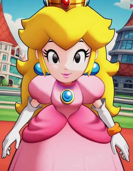score_9, score_8_up, score_7_up, source_anime, <lora:princess-peach-brothership-ponyxl-lora-nochekaiser:1>, princess peach, blonde hair, black eyes, long hair,, crown, dress, gem, gloves, pink dress, puffy short sleeves, puffy sleeves, short sleeves, white gloves,, skyscraper, tall, glass, modern, building, smile, bent over, smug,, looking at viewer, solo,, dutch angle, cowboy shot
