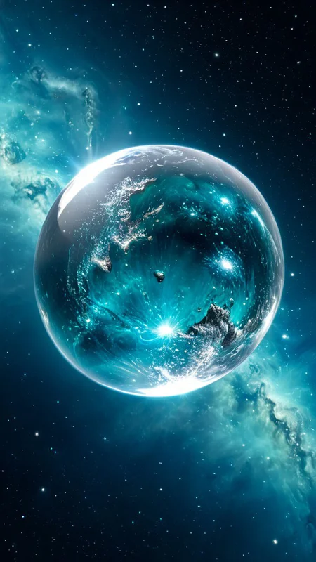 Turquoise clear crystal planet floating in space, stars, hyper realistic, very high quality, high resolution
