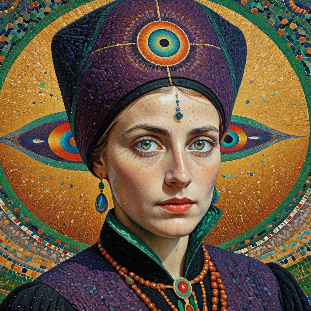 Portrait of Dutch woman, Dutch, klederdracht, traditional Dutch clothing, very beautiful eyes, green halo, schizoanalytic cartography, Sogdian rug, style of Signac, red moon, big almond shaped eyes, pupils, cyclic, cyclical, cosmic map, shapeshifting, green halo, black clothes, palladium, radar, mesmerizing, transitional, oil painting, sharp contrast, darkness, ocean blue, purple marbles, very vivid, lucid, lucidity, extremely pointillistic, radar, cascading streams of gold, stream of water in the middle, depth, extremely detailed, intricate, reflection, extremely colorful, perfect, perfection, pointillism, extremely pointillistic, AH_Signac