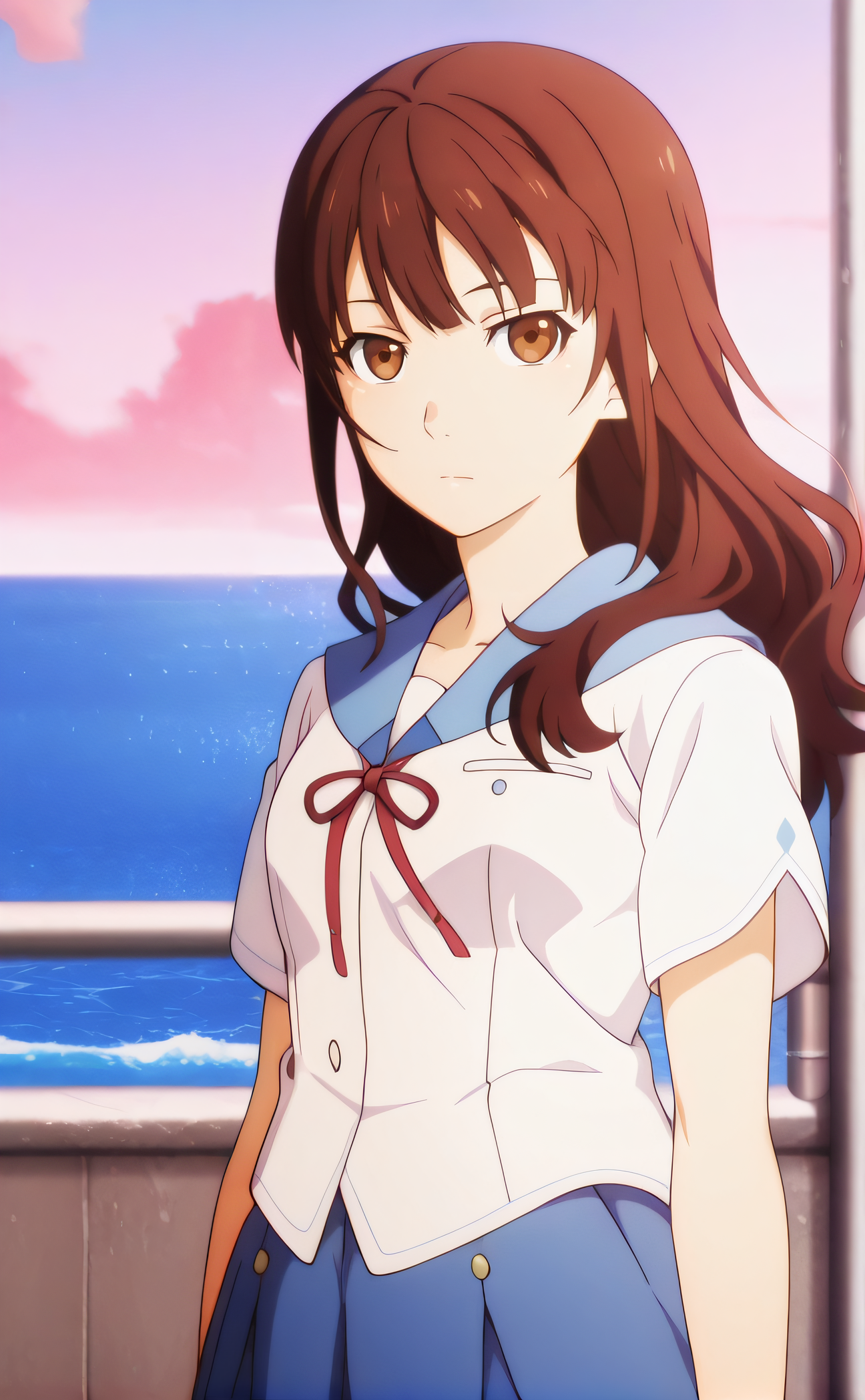 masterpiece, best quality, highres, newest, 1girl, solo, official style, anime screencap, <lora:IL_Oikawa_Nazuna:1>, nazuna, brown hair, brown eyes, long hair, school uniform, short sleeves, blue skirt, looking at viewer, expressionless, cowboy shot, outdoor, ocean behind, summer