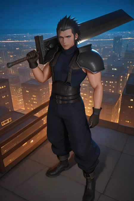 masterpiece, best quality, amazing quality, highres, absurdres, intricate detail,realistic,scenery, cinematic,anime,3d , , , 1boy, solo, male focus , , , <lora:zack_fair:0.84>, zack fair,black hair,aqua eyes,short hair,hair slicked back,scar on cheek,stud earing,gloves, holding, standing, full body, weapon, boots, sleeveless, pants, belt, sword, holding weapon, armor, muscular, turtleneck, holding sword, suspenders, shoulder armor, sleeveless turtleneck, over shoulder, huge weapon, weapon over shoulder, baggy pants, buster sword,huge sword,city,night,outdoors,from above
