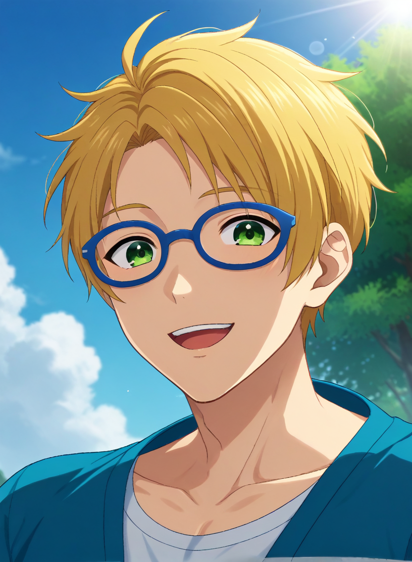 score_9, score_8_up, score_7_up, original style, source_anime, anime screencap, rating_safe, depth of field, BREAK,
1boy, solo, yaoi, male focus,
<lora:yuuki_makoto_pony:1> makoto_yuuki_pony, green eyes, blonde hair, short hair, parted hair, glasses, blue-framed eyewear,  happy,
casual, looking at viewer, facing viewer, sky, day, light rays, 
<lora:sdxl_lightning_8step_lora:1>  <lora:xl_more_art-full_v1:1> <lora:Pony_DetailV2.0:1> <lora:Pony_QualityV4.0:1>