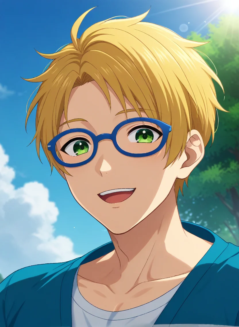 score_9, score_8_up, score_7_up, original style, source_anime, anime screencap, rating_safe, depth of field, BREAK,
1boy, solo, yaoi, male focus,
<lora:yuuki_makoto_pony:1> makoto_yuuki_pony, green eyes, blonde hair, short hair, parted hair, glasses, blue-framed eyewear, happy,
casual, looking at viewer, facing viewer, sky, day, light rays,
<lora:sdxl_lightning_8step_lora:1> <lora:xl_more_art-full_v1:1> <lora:Pony_DetailV2.0:1> <lora:Pony_QualityV4.0:1>