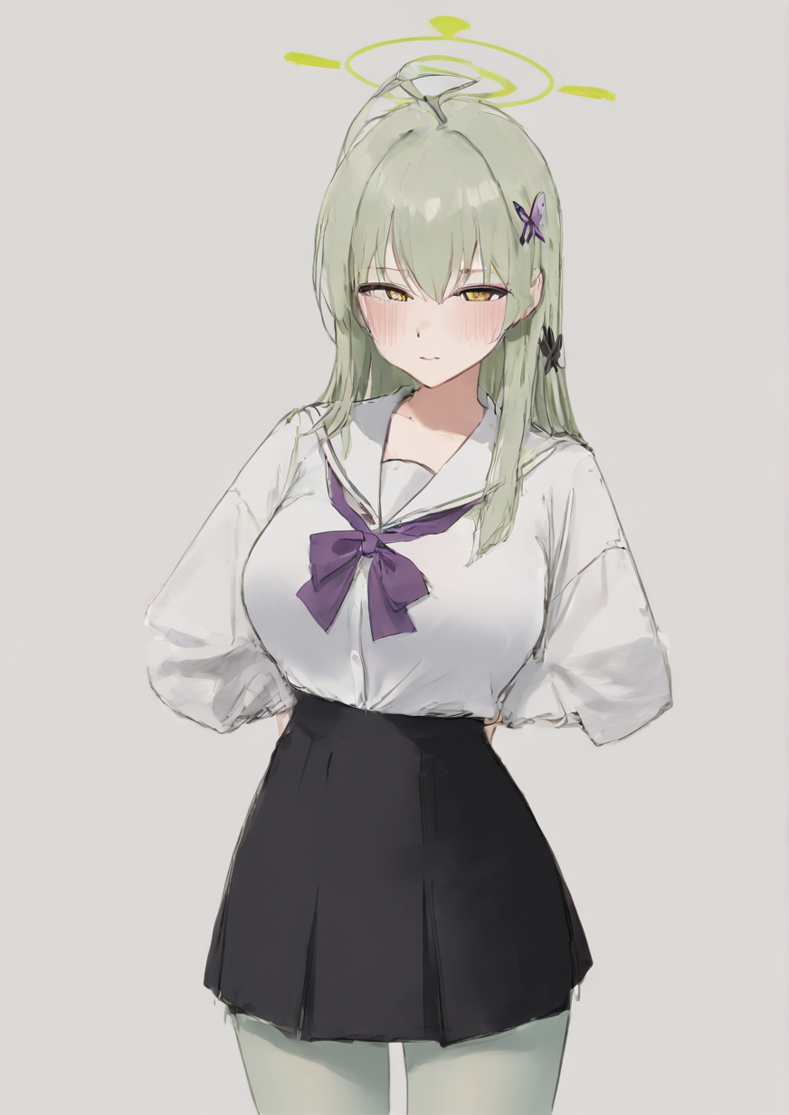 1girl, ibuki fuuko, huge breast, neutral face, ahoge, black skirt, blush, bow, closed mouth, green hair, grey pantyhose, hair bow, holding, long hair, long sleeves, looking at viewer, low-tied long hair, pantyhose, pleated skirt, purple bow, sailor collar, school uniform, serafuku, shirt, skirt, solo, white sailor collar, yellow eyes, yellow shirt,zPDXL3 <lora:ã¬ã®ãã³drawgarbage:1>