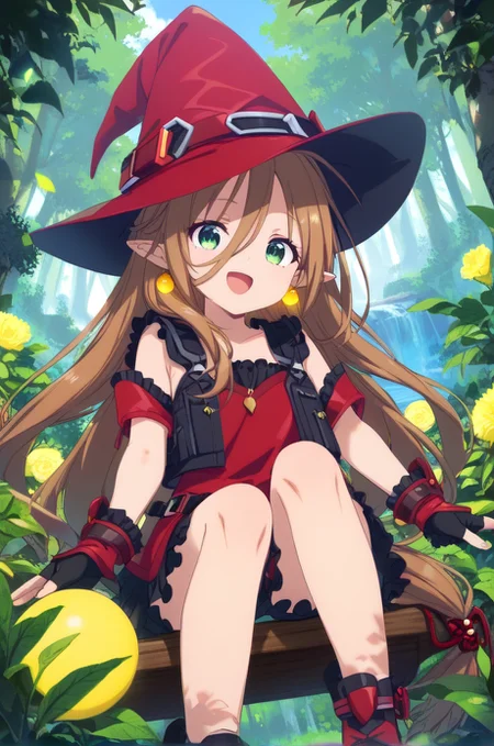 <lora:HandFineTuning_XL:1>
score_9, score_8_up, score_7_up, source_anime,
BREAK,
forest, windy,
cowboy shot, upperbody, open smile, sitting,
BREAK,
<lora:kyonfeulion_autismConfetti_v01:1>short dress, red dress, sleeveless, detached sleeves, pointy ears, brown hair, green eyes, very long hair, twin low tied hair, yellow ball earrings, black vest, black frills, black footwear, ahoge, fingerless gloves, red witch hat, hair between eyes,
BREAK,, zPDXL