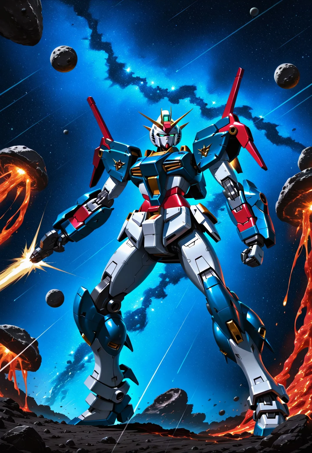 gwen_lol_wr, Gundam mecha, space background, epic battle scene, metallic colors, deep gray, electric blue, molten red highlights, beautiful, asteroid field, starry background, cinematic scale contrast, masterpiece, photorealistic, highly detailed, ExpressiveH, Speedlines