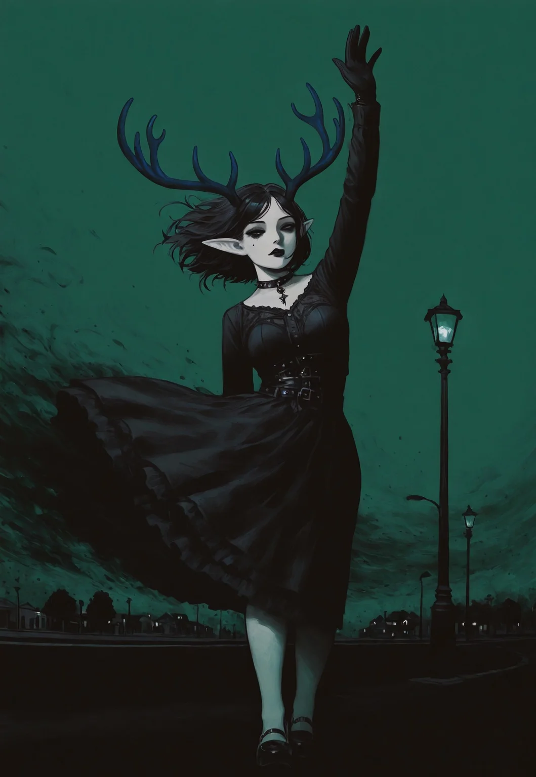 solo, elf ears, antlers, 1girl, wind, goth fashion, [street, night, lamppost], arm over fave, lol misspelling lolol, black lipstick,
green background, black theme,
lukch, no humans, painting_\(medium\), vdsur, surreal, colored background, high contrast, limited palette,
masterpiece