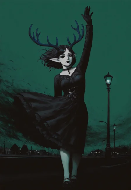 solo, elf ears, antlers, 1girl, wind, goth fashion, [street, night, lamppost], arm over fave, lol misspelling lolol, black lipstick,
green background, black theme,
lukch, no humans, painting_\(medium\), vdsur, surreal, colored background, high contrast, limited palette,
masterpiece