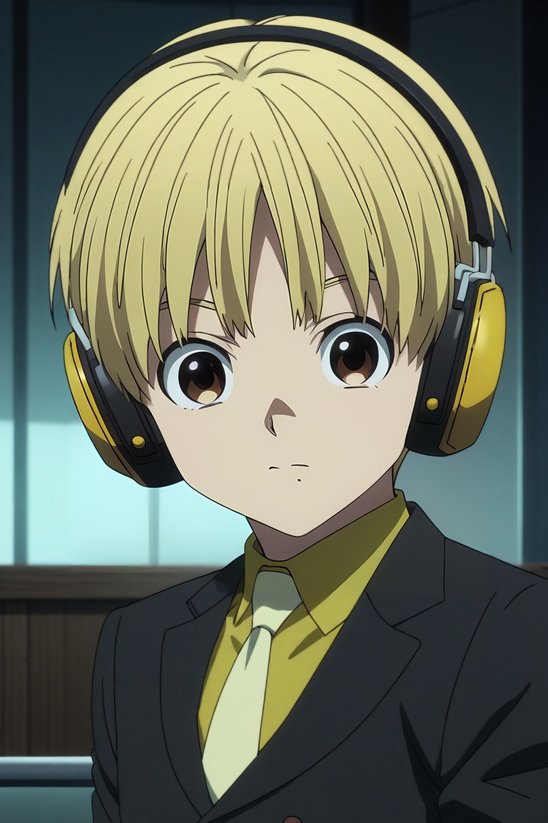score_9, score_8_up, score_7_up, source_anime, rating_safe, intricate details, anime screencap, , , looking at viewer, depth of field, 1boy, solo, male focus, <lora:nobimaru_kemono_jihen_pony:0.98>, nobimaru_kemono_jihen, blonde hair, brown eyes, short hair, , headphones, formal, suit, yellow necktie, symmetry, ayers rock, indoors, sitting, squinting, , <lora:sdxl_lightning_8step_lora:1>