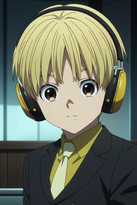 score_9, score_8_up, score_7_up, source_anime, rating_safe, intricate details, anime screencap, , , looking at viewer, depth of field, 1boy, solo, male focus, <lora:nobimaru_kemono_jihen_pony:0.98>, nobimaru_kemono_jihen, blonde hair, brown eyes, short hair, , headphones, formal, suit, yellow necktie, symmetry, ayers rock, indoors, sitting, squinting, , <lora:sdxl_lightning_8step_lora:1>