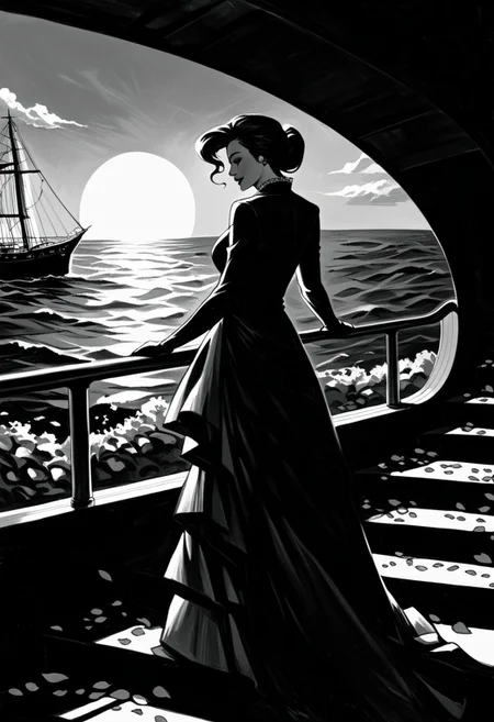 High-detail black and white pencil drawing. A beautiful girl in a magnificent dress made of red flowers descends a staircase. A long train of petals flows behind her. In the background, a seascape at sunset with a ship bearing scarlet sails. Contrasting play of light and shadow emphasizes textures and forms. Wind-blown petals create a dynamic atmosphere. The staircase leads to the sea, symbolizing a transition between worlds. Expressive black and white tones with accents of vivid red on the dress and sails. Style combines realism and romantic fantasy