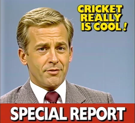 <lora:80s_broadcast:1> 80s broadcast, text at bottom of image:"SPECIAL REPORT", text to right of cringing male American newsreader's head:"CRICKET REALLY IS COOL !".