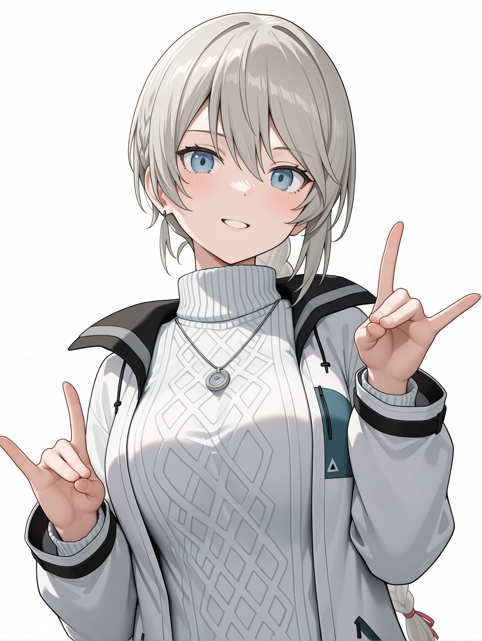 masterpiece,best quality,newest,
1girl,solo,
<lora:ADELAIDE_BLUTHAUSEN_ilxl_v1.0:1>,a_bluthausen,grey hair,blue eyes,braided ponytail,
s_nase,necklace,white jacket,long sleeves,turtleneck sweater,ribbed sweater,
<lora:Fixhands_anime_bdsqlsz_V1:1>,upper_body,:d,parted lips,looking_at_viewer,white_background,simple_background,double fox shadow puppet,