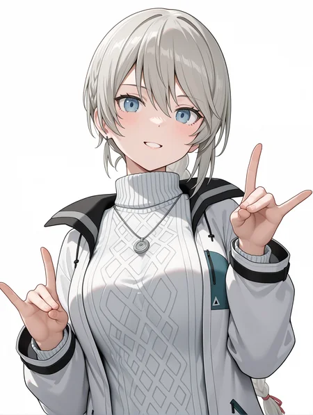 masterpiece,best quality,newest,
1girl,solo,
<lora:ADELAIDE_BLUTHAUSEN_ilxl_v1.0:1>,a_bluthausen,grey hair,blue eyes,braided ponytail,
s_nase,necklace,white jacket,long sleeves,turtleneck sweater,ribbed sweater,
<lora:Fixhands_anime_bdsqlsz_V1:1>,upper_body,:d,parted lips,looking_at_viewer,white_background,simple_background,double fox shadow puppet,
