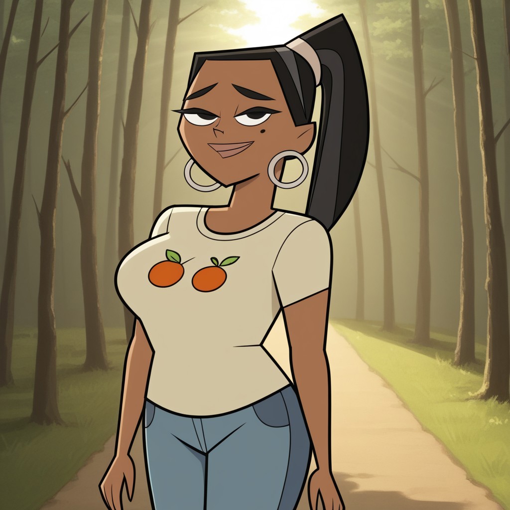 score_9, score_8, BREAK, solo, black hair, black eyes, lips, food print shirt, white shirt, short sleeves, blue pants, hoop earrings, dark skin, ponytail, mole under eye, big breasts, Total Drama, Leshawna_(Total_Drama), sexy pose, smile, outdoors, sunlight, shadows, evening lighting, natural lighting, forest, trees, grass, orange sky, sunset