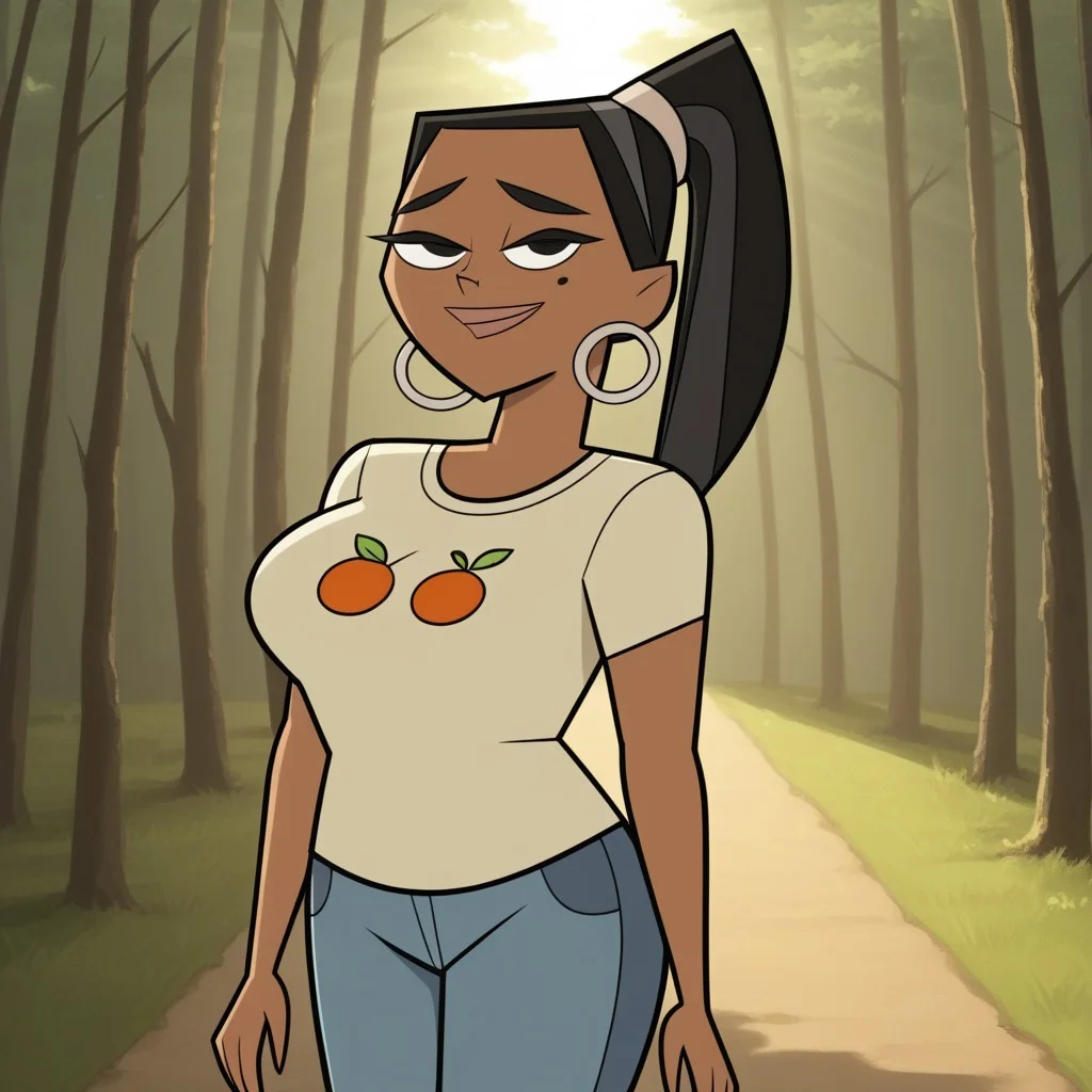 score_9, score_8, BREAK, solo, black hair, black eyes, lips, food print shirt, white shirt, short sleeves, blue pants, hoop earrings, dark skin, ponytail, mole under eye, big breasts, Total Drama, Leshawna_(Total_Drama), sexy pose, smile, outdoors, sunlight, shadows, evening lighting, natural lighting, forest, trees, grass, orange sky, sunset