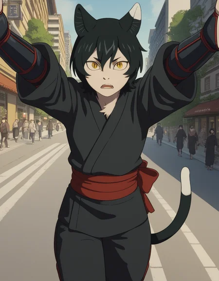 score_9, score_8_up, score_7_up, source_anime, <lora:izutsumi-s1-ponyxl-lora-nochekaiser:1>, izutsumi, black hair, animal ears, tail, yellow eyes, cat ears, cat tail, cat girl, slit pupils,, japanese clothes, gauntlets, ninja, black shirt, black pants,, sidewalk, pedestrians, city, street, walking, , on back, arm support, arms up, incoming hug, pov, reaching, reaching towards viewer,, looking at viewer, solo,, dutch angle, cowboy shot