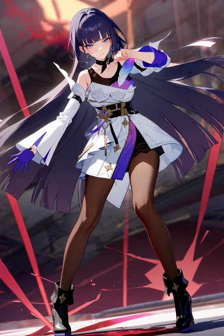 masterpiece, best quality, very aesthetic, ray tracing, newest,(hitenkei, askzy:0.5), 1girl, raiden mei, solo, pantyhose, high heel boots, single glove, layered dress, ribbon choker, tank top, detached sleeves, full body, blood splatter, red electricity, combat pose, incoming attack, glaring, looking at viewer <lora:Char-Honkai-Raiden_Mei-XL-V1:0.9>