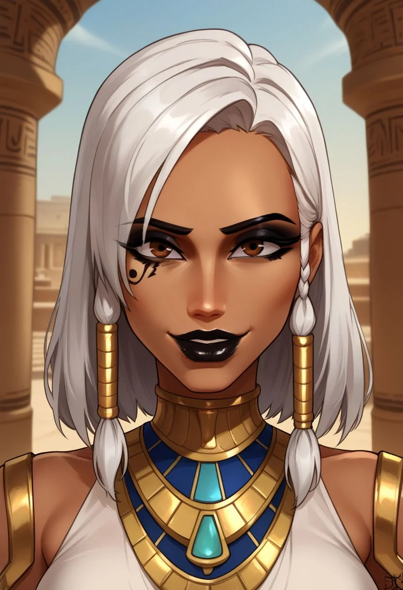 score_9, score_8_up, score_7_up, highly detailed, close up, portrait, depth of field, BREAK, solo, Pharah(Overwatch), black lipstick, thick lips, brown eyes, black eye shadow, black eyeliner, white hair, dark skin, smiling, BREAK, Egyptian clothing, outdoor, Egyptian temple, best quality, amazing quality, very aesthetic, absurdres,