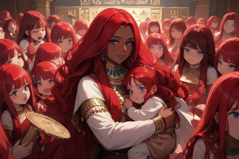 (masterpiece, best quality:1.5), (ultra realistic:1.5), (8k uhd, very high quality:1.5), (extremely detailed face:1.5), (dark skin Egyptian mother holding her infant girl and surrounded by an endless number of her young children:1.5), (everyone has ruby red hair:1.5), (everyone smiling and happy:1.5), (everyone has bright blue eyes:1.5), (everyone has long ruby red hair:1.5), (the woman is surrounded by endless numbers of her young children that fill the entire background:1.5), (the woman is surrounded by an endless number of her young children that fill the entire background:1.5), (everyone has long ruby red hair:1.5) (city background:1.5)