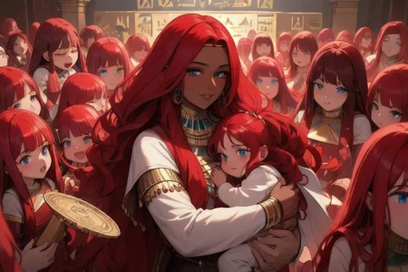 (masterpiece, best quality:1.5), (ultra realistic:1.5), (8k uhd, very high quality:1.5), (extremely detailed face:1.5), (dark skin Egyptian mother holding her infant girl and surrounded by an endless number of her young children:1.5), (everyone has ruby red hair:1.5), (everyone smiling and happy:1.5), (everyone has bright blue eyes:1.5), (everyone has long ruby red hair:1.5), (the woman is surrounded by endless numbers of her young children that fill the entire background:1.5), (the woman is surrounded by an endless number of her young children that fill the entire background:1.5), (everyone has long ruby red hair:1.5) (city background:1.5)