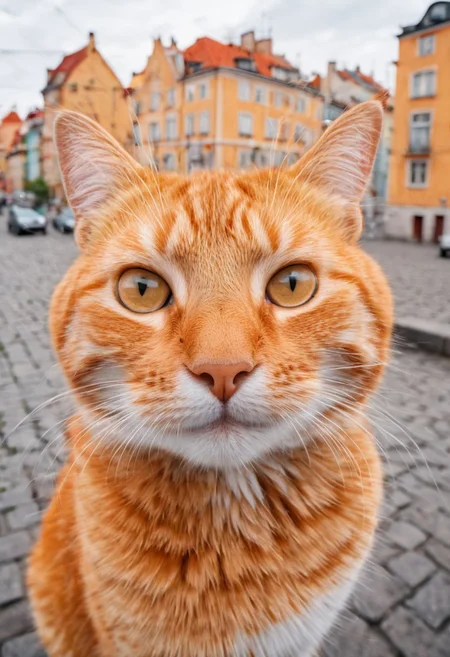 pretty funny cat,take a selfie,looking to camera,kind face,very realistic,city on background,(fluffy:0.2) (ginger:0.2)