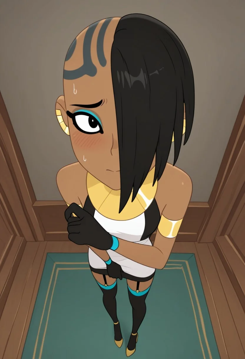 best_quality, ultra detailed, detailed anatomy, beautiful body, perfect hands, hands. Perfect, Expressiveh, top body view, full body view, 1girl, detailed eyes, 1girl, Hannah, side cut, eye tattoo, black hair, dark skin, dark-skinned female, hair ornaments, small breasts, jewelry, armlets, eyeshadow, black eyes, black eyes, black and yellow maid outfit, short skirt, garter straps, black thighhighs, high heels, black gloves, indoors, large manor, standing awkwardly, blush, nervous, looking at viewer, view from above