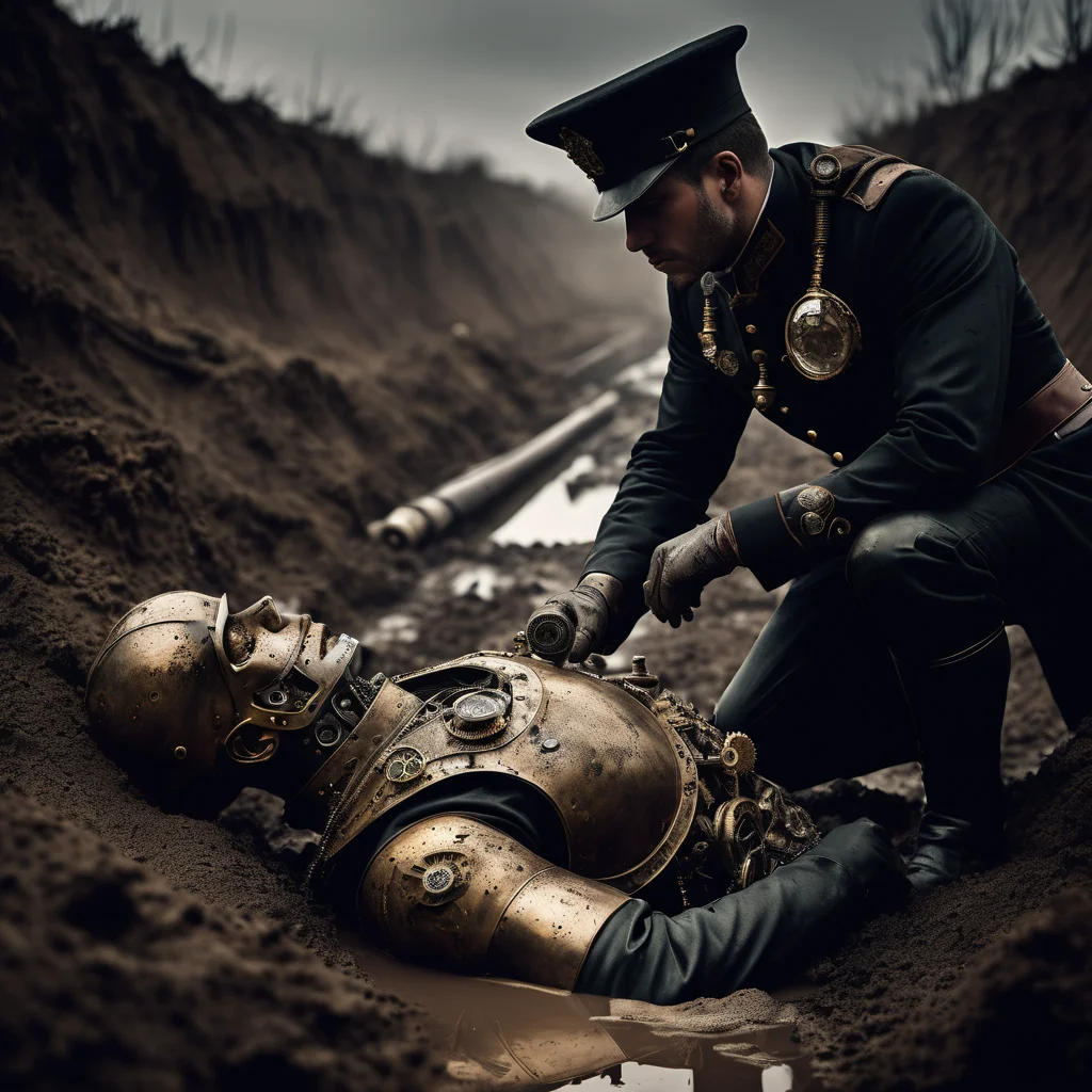 Steampunk style dramatic photo a modern soldier with modern equipment looking at a corpse, in a muddy ditch, dark, gloomy, sad, . Antique, mechanical, brass and copper tones, gears, intricate, detailed