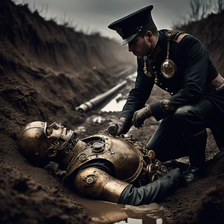 Steampunk style dramatic photo a modern soldier with modern equipment looking at a corpse, in a muddy ditch, dark, gloomy, sad, . Antique, mechanical, brass and copper tones, gears, intricate, detailed