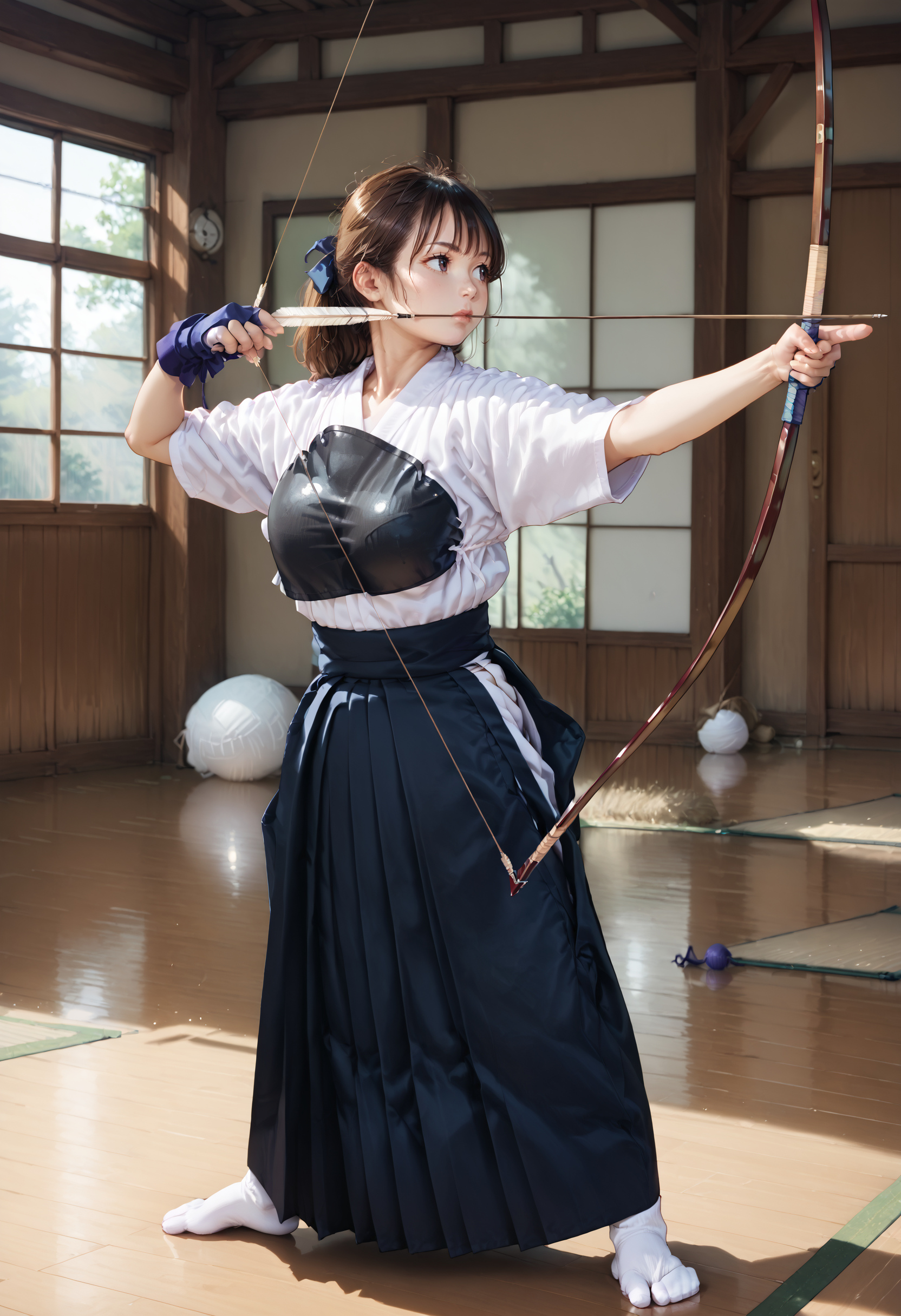 zPDXL3,1girl,full_body,standing,open_stance,indoors,dojo,large breasts,looking to the side,<lora:Pony_DetailV2.0:1> BREAK
kyudo-aiming,holding bow \(weapon\),drawing bow,bow_string,arrow \(projectile\),aiming,partially fingerless gloves,yugake,closed mouth,<lora:kyudo-aiming-pony-v30:0.9> BREAK kyudogi,hakama,muneate,tabi socks,<lora:kyudo-uniform-pony:0.4>,
