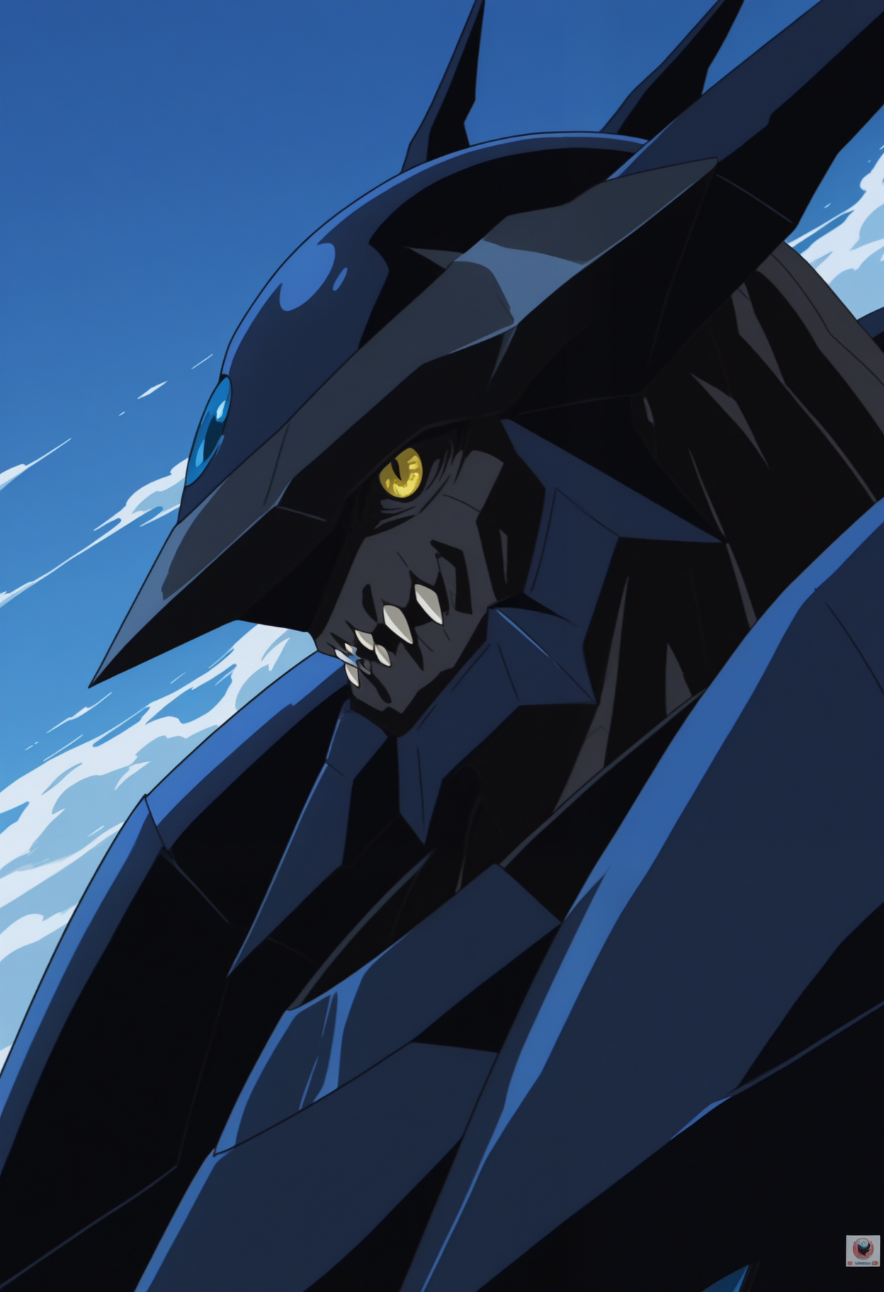 masterpiece,best quality,amazing quality, 1boy, solo, b3lcr0ss, mecha, yellow eyes, close up, side angle,