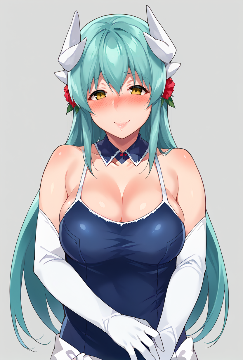 score_9,score_7_up <lora:kiyohime_(lancer)_XL_1:1>  bbkiyo, long hair, aqua hair, white horns, hair flower, yellow eyes, detached collar, cleavage, school swimsuit, blue one-piece swimsuit, elbow gloves, white gloves, sash, blush, smile, mature girl, mature female  <lora:sasamori_tomoe-Style-PonyXL-Dora-000049:1>