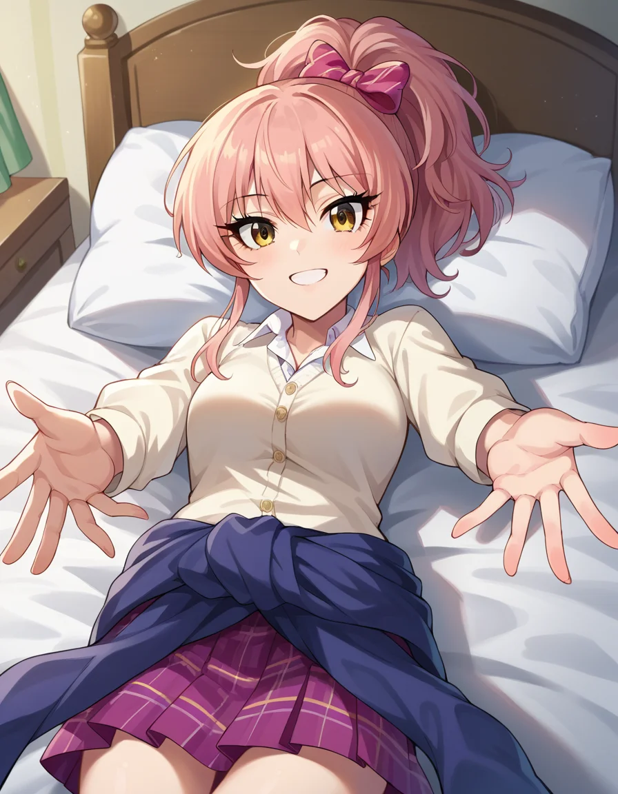 score_9, score_8_up, score_7_up, source_anime,
mikajougasaki, <lora:mika-jougasaki-ponyxl-lora-nochekaiser:1>
mika jougasaki, hair bow, long hair, pink hair, yellow eyes, ponytail, smile,
bow, clothes around waist, plaid, plaid skirt, school uniform, skirt, sweater, sweater around waist,
indoors, bed, bed room, on back, arm support, arms up, incoming hug, pov, reaching, reaching towards viewer,
looking at viewer, dutch angle, cowboy shot,