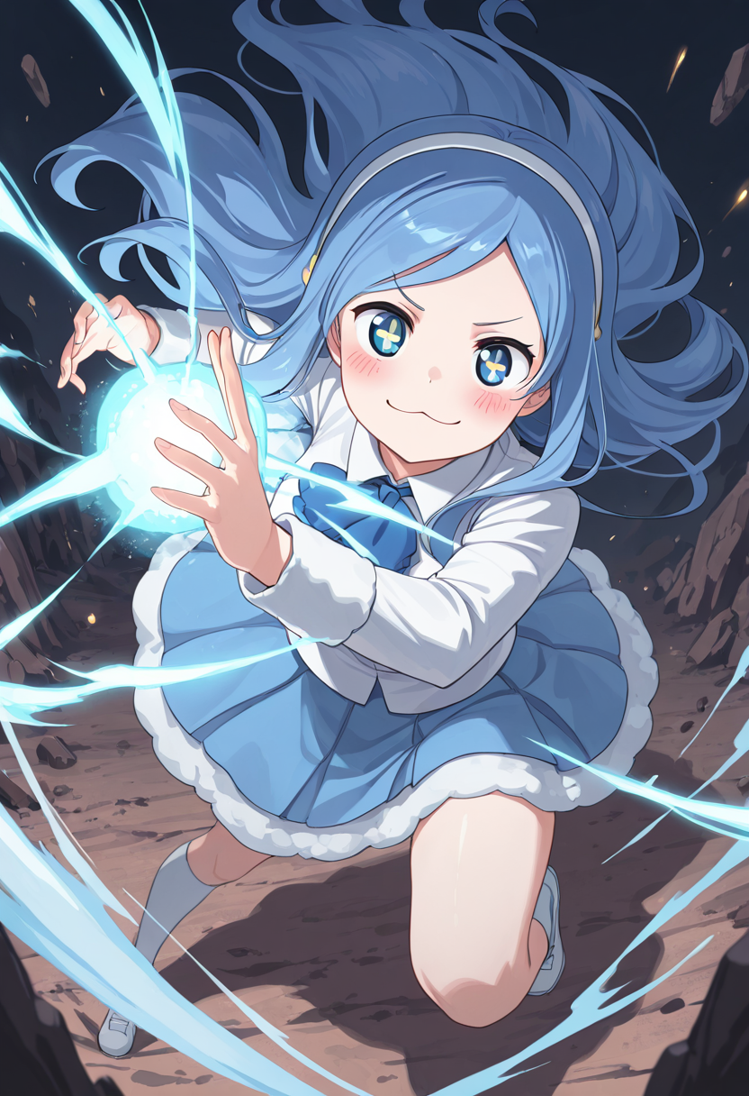 masterpiece, best quality, solo,   zzTachibana, looking at viewer, blush, smile, skirt, dress, hairband, :3  <lora:TachibanaSylphynford_IXL:1.0>,  (dynamic pose, incoming attack, foreshortening:1.2),   both hands glowing with blinding blue energy, silver fur reflecting the glow, wind blasting outward from his sheer power, broken battlefield behind him, tattered gi, cosmic dust swirling, cinematic over-the-shoulder shot emphasizing the scale of his attack
