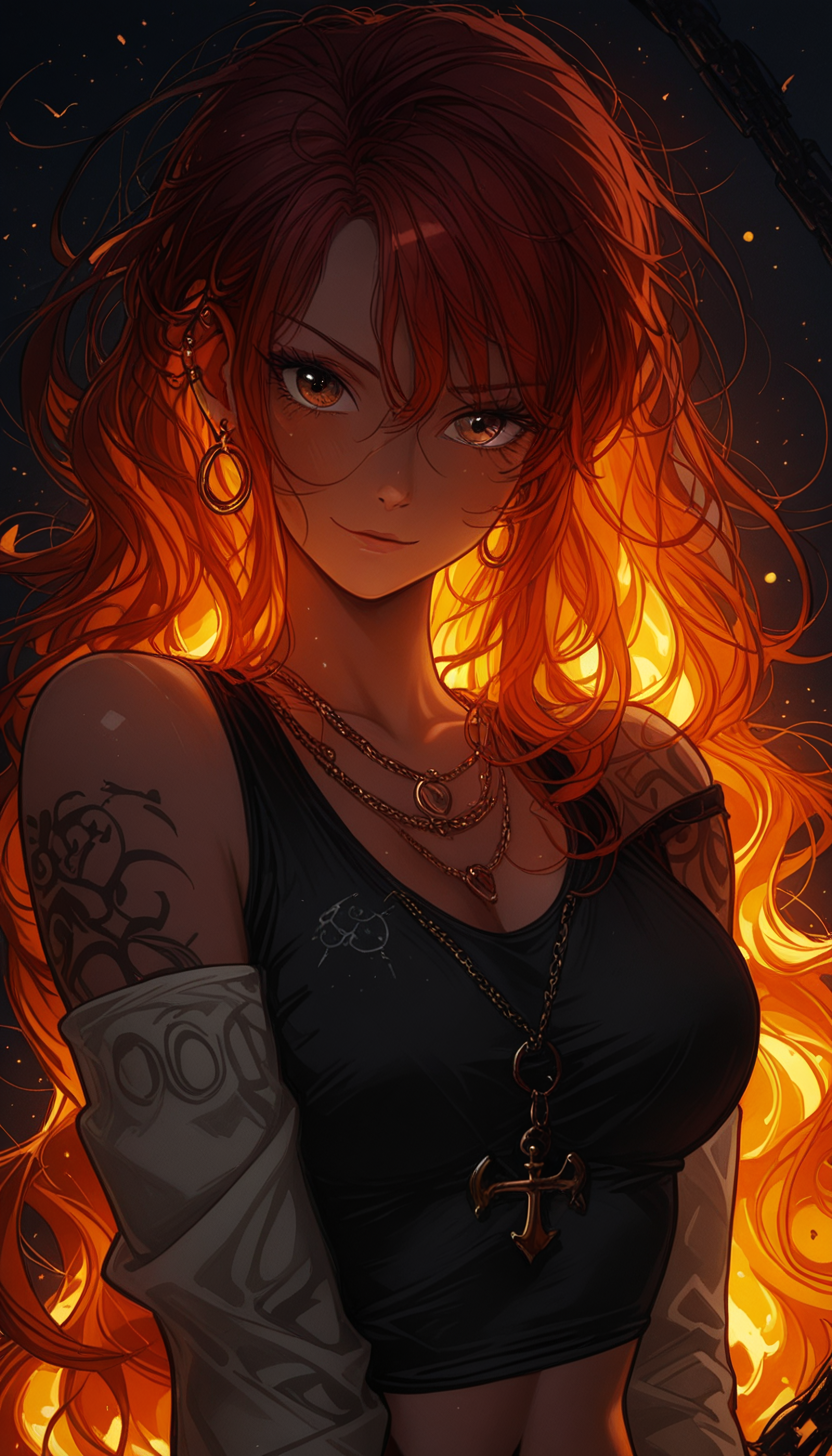masterpiece,
perfect eyes, vivid colors, vibrant colors,
pinkretroanime, retro art, (lineless:1.5), smooth edges,
, The image depicts an anime-style illustration of a female character with fiery red hair and captivating amber eyes. Her skin tone appears fair, with subtle shading that suggests depth and dimension. She has a high forehead, and her facial features are well-defined, hinting at youthful beauty. Her attire is characterized by a black tank top adorned with intricate patterns and what seems to be a tattoo design on the right shoulder. The clothing style conveys a modern, perhaps edgy fashion sense. Complementing her outfit is a choker-style necklace, adding an element of sophistication. Her right hand rests lightly on her hip, while her left hand gently holds what appears to be a flower or feather, adding a touch of delicacy to the composition. Her body language exudes confidence and poise. The background is a dark sky with subtle hints of orange and red hues near the horizon line, suggesting either sunrise or sunset. The overall color palette of the image is warm, with a focus on reds and oranges, which creates an ambiance that could be described as fiery or intense. The character stands in profile against the backdrop of the sky, allowing for a clear view of her features from the chest up to the waist down. The background's lighting suggests it is late afternoon or early evening, and the angle of the shot is slightly elevated above her head, looking down at her. This perspective emphasizes her height and stature while maintaining an intimate connection between the viewer and the character., nami \(one piece\), 1girl, solo, long hair, breasts, looking at viewer, blush, smile, bangs, large breasts, simple background, shirt, red eyes, long sleeves, navel, cleavage, hair between eyes, bare shoulders, brown eyes, jewelry, medium breasts, very long hair, closed mouth, collarbone, upper body, red hair, earrings, detached sleeves, sleeveless, midriff, dark skin, necklace, off shoulder, orange hair, dark-skinned female, lips, crop top, orange eyes, head tilt, gradient, black shirt, gradient background, eyelashes, sleeveless shirt, tattoo, floating hair, chain, bird, wavy hair, expressionless, piercing, tank top, bug, fire, light smile, black background, messy hair, ear piercing, light particles, tsurime, armlet, pendant, backlighting, curly hair, hoop earrings, anchor symbol, arms at sides, anchor, arm tattoo, shoulder tattoo, black tank top, dark background, chest tattoo, embers, multiple earrings, chain necklace