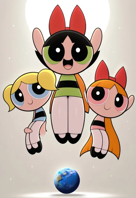 3girls, looking at viewer, smiling, happy, sharp contrast BREAK buttercup \(ppg\), black hair, green eyes, simple background, smile, striped clothes, white pantyhose, looking at viewer, full body, short hair, BREAK, blossom \(ppg\), open mouth, smile, long hair, pantyhose, full body, chibi, blonde hair, hair bow, black footwear, BREAK, bubbles \(ppg\) , smile, open mouth, solo, twintails, blue eyes, black footwear, pantyhose, looking at viewer, short twintails, closed mouth, striped clothes, shortstack, thick thighs, wide hips, large breasts, saggy breasts, white pantyhose BREAK, planet, space, masterpiece,best quality,amazing quality,very aesthetic,absurdres,(volumetric lighting)