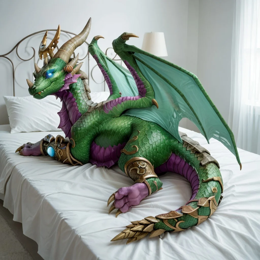 score_9, score_8_up, score_7_up, score_6_up, masterpiece, high quality, realistic, detailed, best quality, 1girl, solo, rating_safe, source_furry, bedroom, smiling, seductive, looking at viewer, lying on bed, lying on bed, full body, ysera_wc, dragon, green scales, wings, horns, tail, claws, female, 1girl, feral, blue eyes, glowing eyes, headpiece