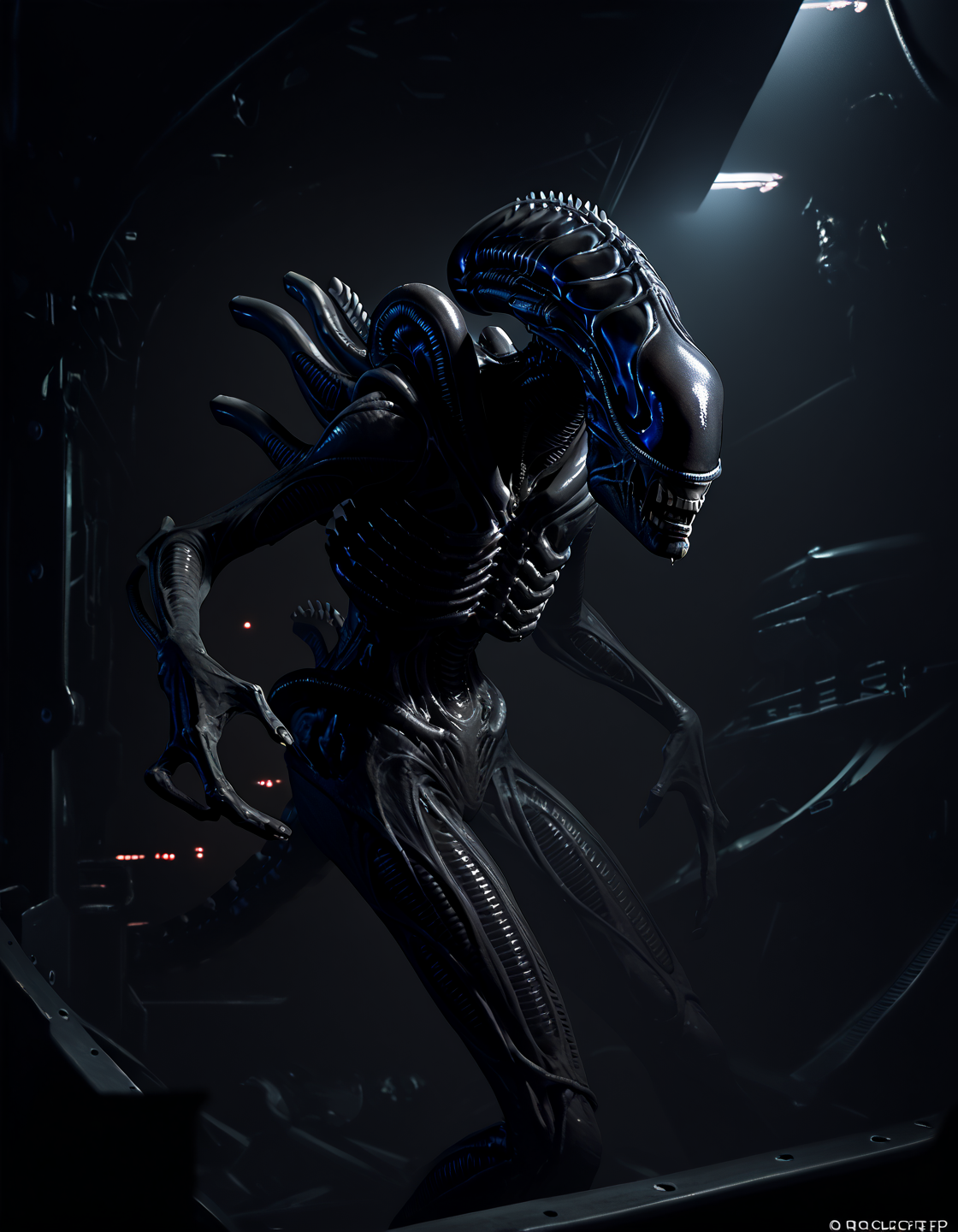 score_9, score_8_up, score_7_up, score_6_up, source_furry, solo, full-length portrait, destroyed spaceship in background, night, digital art,  <lora:Alien_-_Xenomorph_Warrior_PONY:0.8> xenomorph_warrior, xenomorph, tearing through the hull of a ship, backlighting, rimlight, cinematic, action scene, hissing,  <lora:dark_v1.9-pony:1> dark theme, dim lighting, silhouette, dark background, backlighting,  <lora:GwentStyle_v2:0.6> gwentstyle,  <lora:Darkgem_Style_PONY_XL:0.4> darkgem