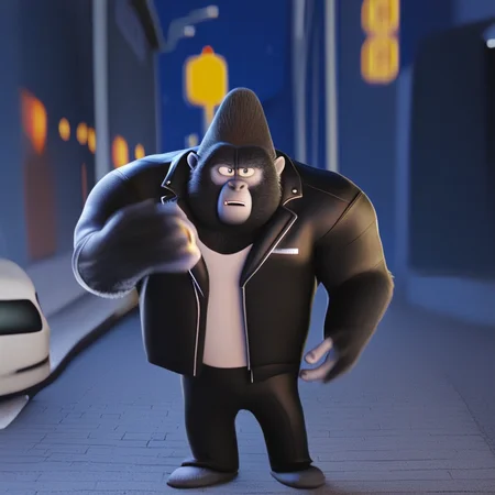 Big Daddy from Sing, 3D animated gorilla in a leather jacket, standing in an urban alley at night, cinematic lighting, Illumination movie style,big daddy, gorilla, furry male, male, colored skin, fangs, blue eyes, anthro, muscular, wide shoulders,