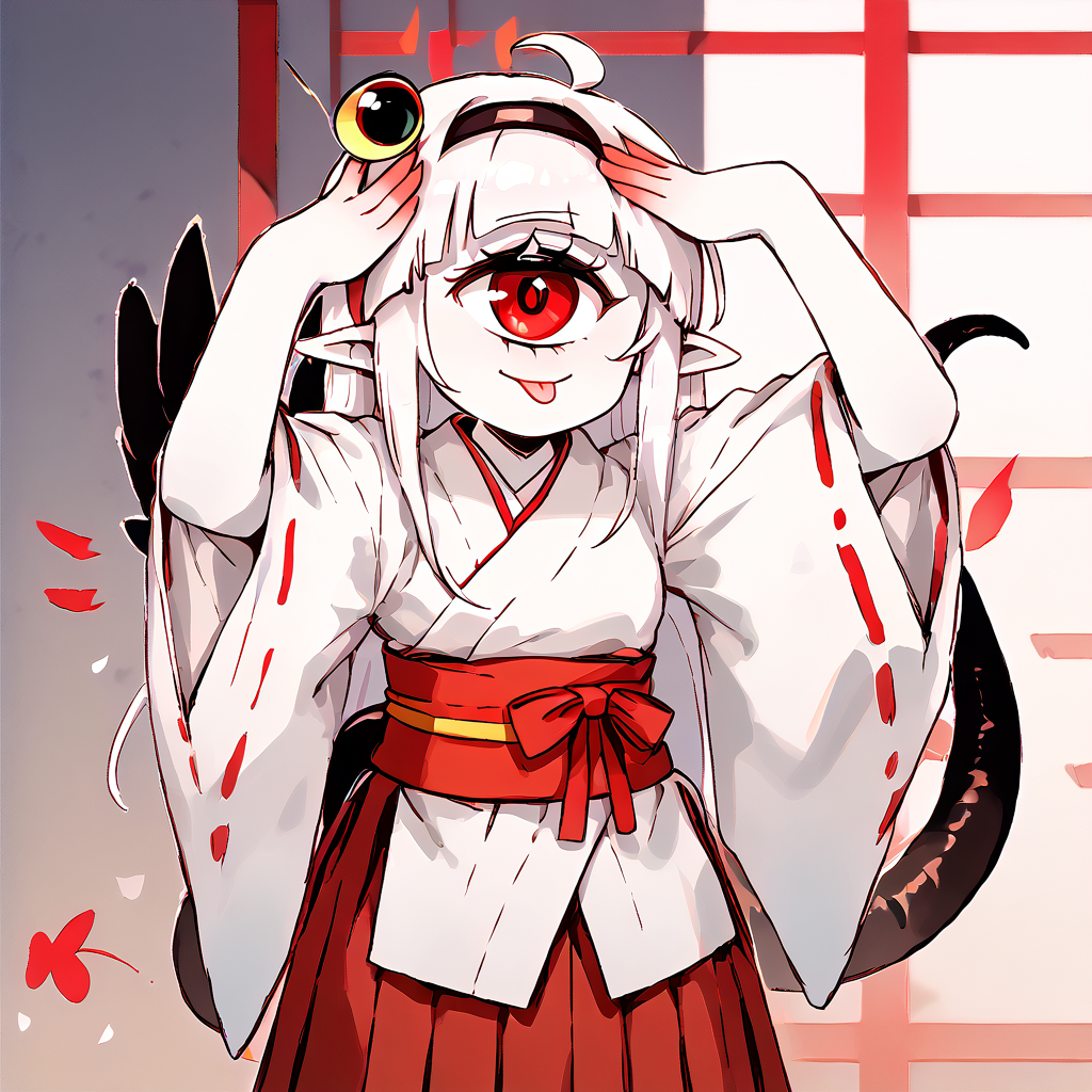 <lora:b02gkb:1> 02beco, white hair, long hair, japanese clothes, miko, one-eyed, cyclops, monster girl, wide sleeves, red eyes, blunt bangs, pointy ears, ribbon-trimmed sleeves, skirt, bow, ribbon trim, hairband, colored skin, white skin, wings, tail, hair ornament, red long pleated skirt 
<lora:AhEtoBlehMeme_pdxl_Incrs_v1:0.8> AhEtoBlehMeme, closed eyes, tongue out, :p, hands on own head, smile