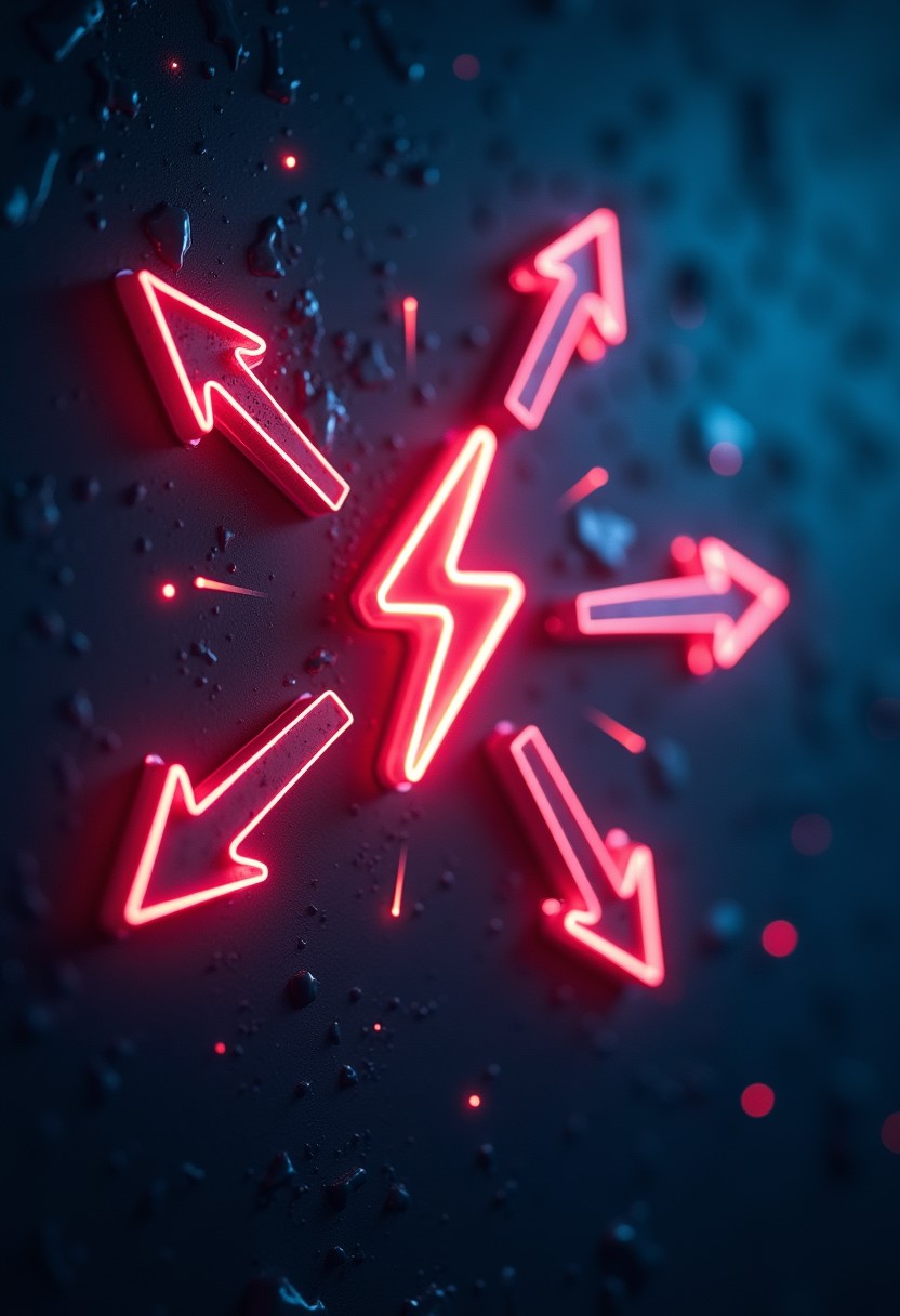 breathtaking highly detailed and professional 
Medium shot, Neon arrows pointing towards a glowing lightning bolt symbol, symbolizing the focus on financial goals and the drive to achieve them. x1080 Camera Angle: Top view Camera Type: High-resolution digital camera