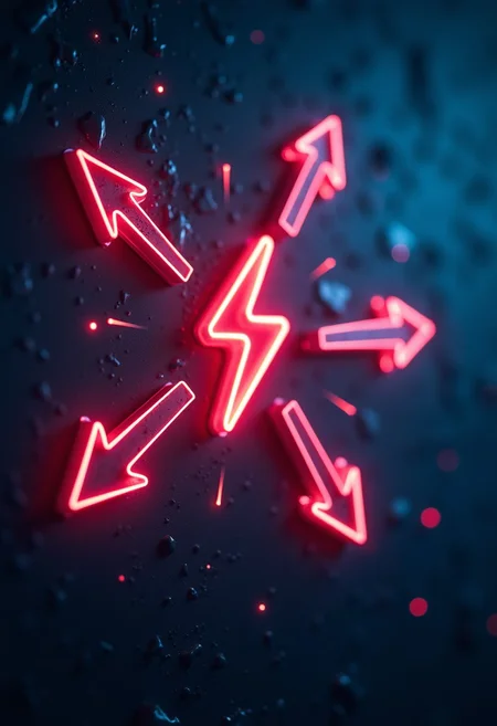 breathtaking highly detailed and professional
Medium shot, Neon arrows pointing towards a glowing lightning bolt symbol, symbolizing the focus on financial goals and the drive to achieve them. x1080 Camera Angle: Top view Camera Type: High-resolution digital camera