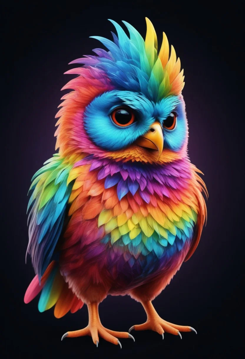 a cute chibby chicken mixed with a owl with big rainbow eyes made out of rainbow fractangles, it wears a cool rainbow bandana, very detailed, 4k, sharp, eating rainbow worms