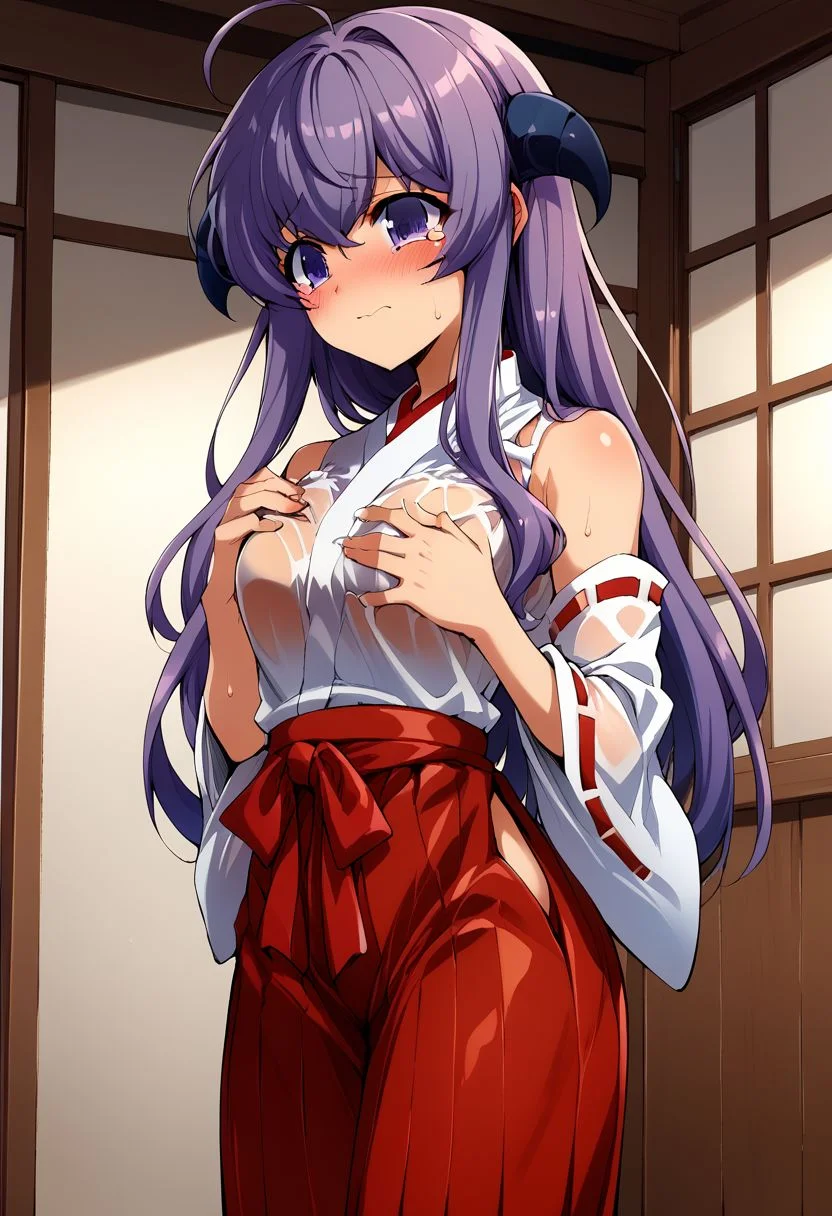 score_9, score_8_up, score_7_up, score_6_up, source_anime, (((solo))), BREAK, 1Girl , hanyuu, purple hair, black horns, purple eyes,(((long hair))), indoors, embarrassing, blush, hand on breasts, medium breasts, sweating, miko, Japanese clothes, detached sleeves, hakama skirt, red hakama, see through clothes, wet clothes, crying, very cute , outdoor