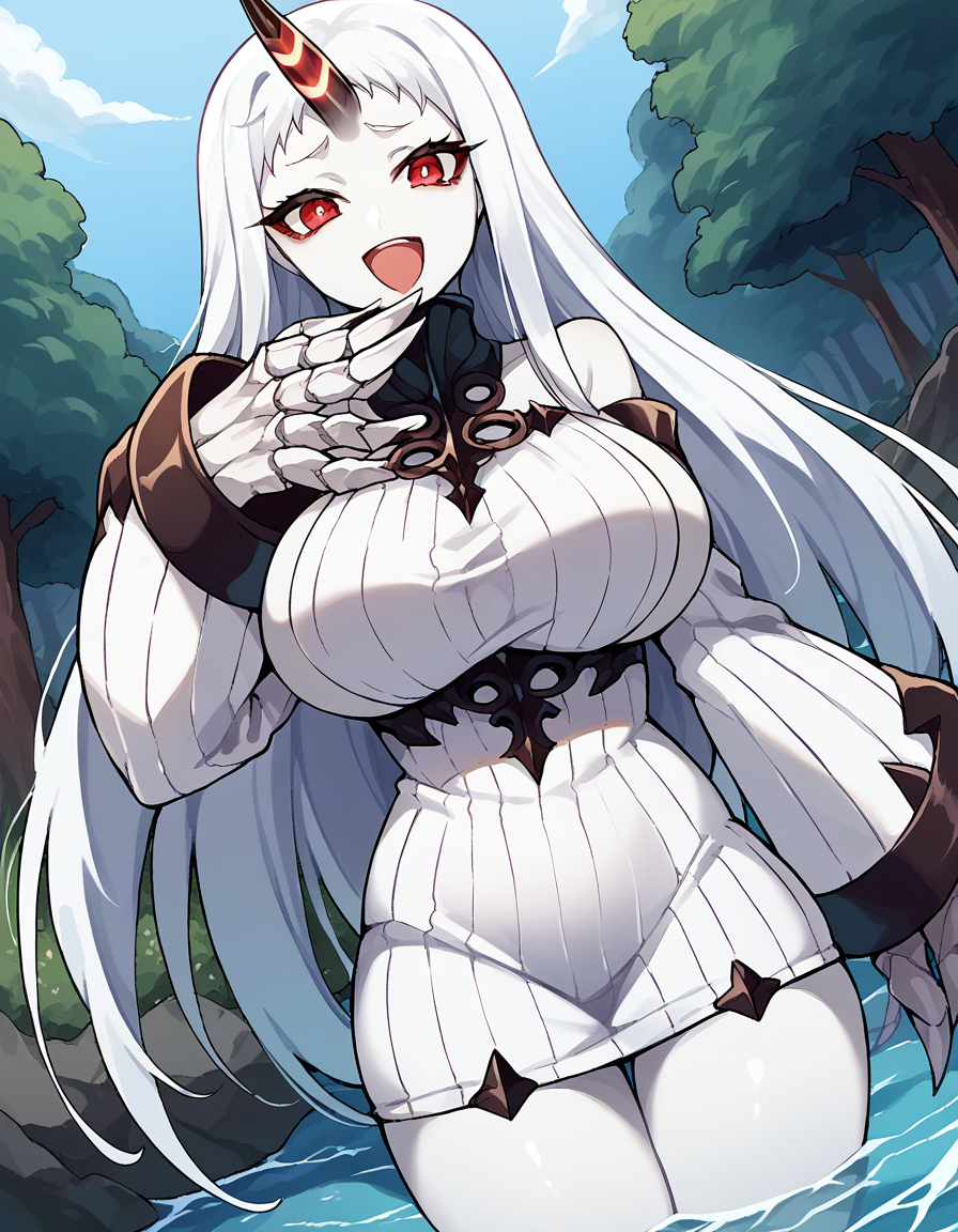 score_9, score_8_up, score_7_up, source_anime, <lora:kancolle-seaport-princess-ponyxl-lora-nochekaiser:1>, seaport princess, red eyes, horns, single horn, striped horn, long hair, white hair, white skin, colored skin, cracked skin, oversized forearms, oversized limbs, skin-covered horns, mature female,, claws, detached sleeves, huge breasts, ribbed dress, short dress, sweater, sweater dress, white dress, white sleeves,, stream, water, rocks, flow, forest, , <lora:ojou-sama-pose-ponyxl-lora-nochekaiser:1>, ojou-sama pose, laughing, smug, hand to own mouth, open mouth,, looking at viewer, solo,, dutch angle, cowboy shot