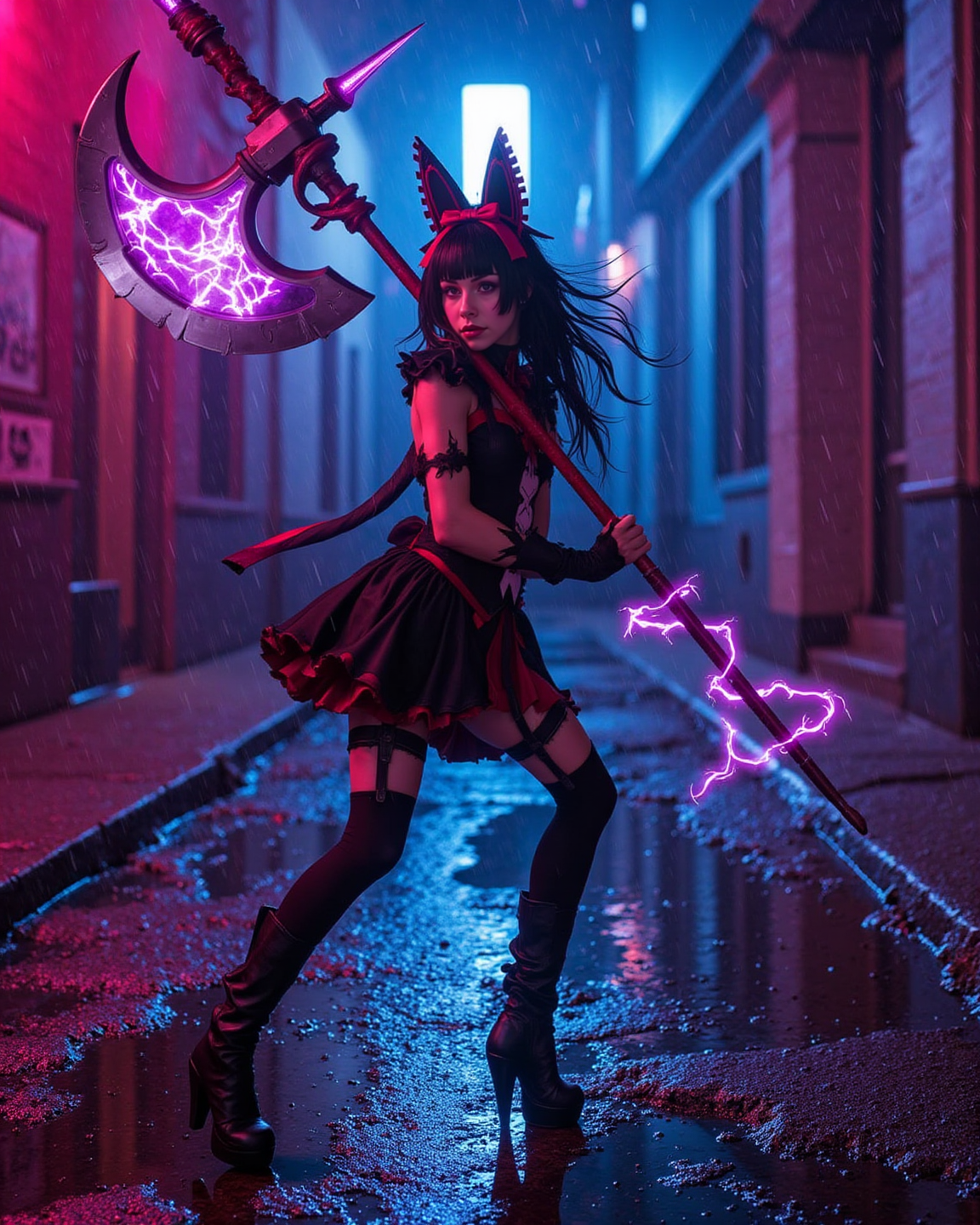 <lora:rory-mercury-flud-d-v2:1.4> In a rain-slick alley painted in cyan and magenta neon, rory mercury charges forward in a torn gothic dress, red eyes locked on her foe. Her black thighhighs are soaked and shining, dress clinging slightly to her petite frame, her small chest outlined beneath the fabric. She dodges incoming sparks as her halberd slices cleanly through a drone, electric arcs reflecting in puddles. Her black hair streams behind her, gothic headband soaked but still defiant.
