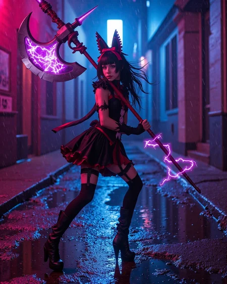 <lora:rory-mercury-flud-d-v2:1.4> In a rain-slick alley painted in cyan and magenta neon, rory mercury charges forward in a torn gothic dress, red eyes locked on her foe. Her black thighhighs are soaked and shining, dress clinging slightly to her petite frame, her small chest outlined beneath the fabric. She dodges incoming sparks as her halberd slices cleanly through a drone, electric arcs reflecting in puddles. Her black hair streams behind her, gothic headband soaked but still defiant.