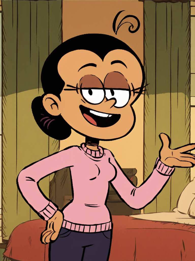 maria, solo, black hair, ahoge, 1girl, hair bun, smile, standing, pink sweater, purple pants <lora:MariaSantiagoPony1.0:1>, score_9, score_8_up, score_7_up, score_6_up, score_5_up, score_4_up, indoors, looking at viewer, open mouth, curtains, hand on own hip,