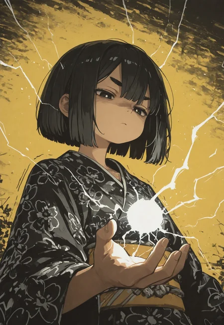 1girl, electricity, holding out hand, electricity in hand, being electrocuted, girl has pitch black pupils, thick eyebrows, black circles below eyes, bobcut, bored, looking down, girl shaking, flat bangs, hair electrocuted, lightning reflecting on skin, lightning, electricity, shoulder length hair, hair between eyes, black hair, flower pattern kimono, intense lighting, depth of field, intense lines, local color adaptation, sketched background, outside, stormy background, dithering yellow background, hdr, chromatic abberation